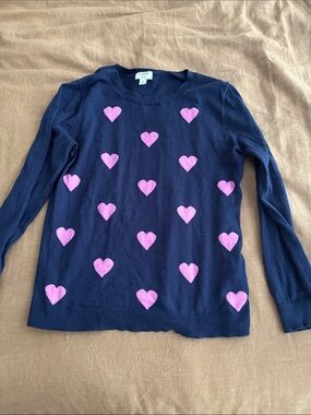 J. Crew Navy Sweater with Pink Heart Pattern
